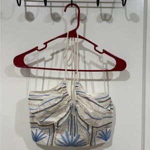 Universal Thread Cream and Blue Embroidered Halter Top